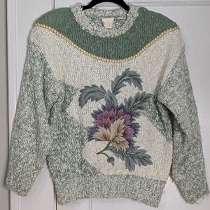 Vintage 80s/90s Needles & Yarn Floral Chunky Knit Sweater Sage Green Cream S